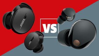 A black pair of Bose QuietComfort Earbuds (2024) and black Sony WF-1000XM5 on a grey and red background with a versus sign between them.