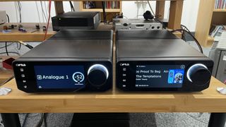 Cyrus 40 ST music streamer on wooden hi-fi rack next to Cyrus 40 Series amp