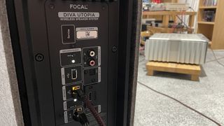 Rear panel on the Focal Diva Utopia showing connections