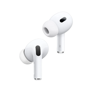 A pair of white AirPods Pro 2 earbuds on white background